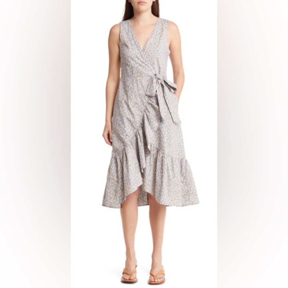 Madewell Light Gray Floral High-Low Wrap Dress